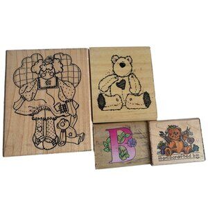 Rubber Stamps Lot Bear Angel B Monogram Cute Designs Wood Blocks